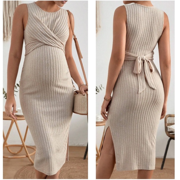 Maternity Redwood Twisted Knit Sleeveless Side Slit Midi Dress - Picture 3 of 5